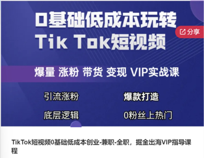 TikTok短视频0基础低成本创业-兼职-全职，掘金出海VIP指导课程-爱学资源网